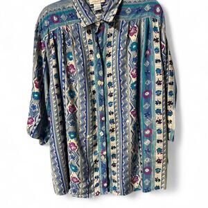 Vintage retro 80s XL long baggy boxy short sleeve button up blouse